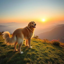 A majestic golden retriever standing proudly on a lush green hill during sunrise, golden light illuminating its fur, the dog has a joyful expression and its tail is wagging