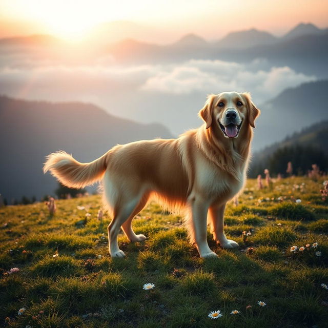 A majestic golden retriever standing proudly on a lush green hill during sunrise, golden light illuminating its fur, the dog has a joyful expression and its tail is wagging