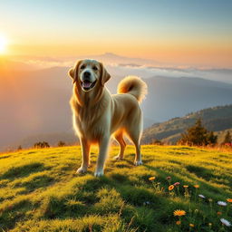 A majestic golden retriever standing proudly on a lush green hill during sunrise, golden light illuminating its fur, the dog has a joyful expression and its tail is wagging