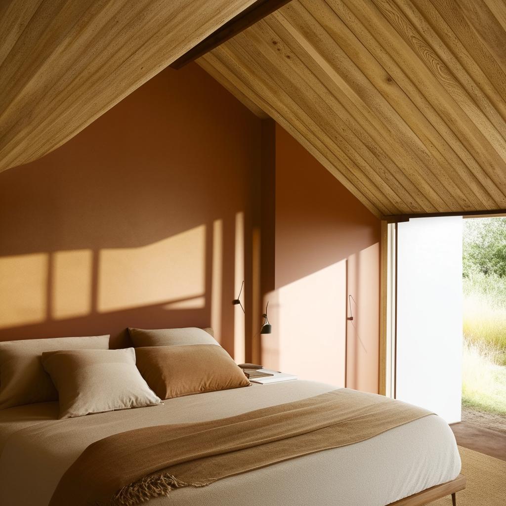 A minimalist bedroom painted in soothing earth tone colors with streamlined furniture and neutral bedding. Accents include natural textures and plenty of natural light.