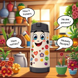 A whimsical scene featuring a talking and animated thermos, with a friendly face and expressive eyes