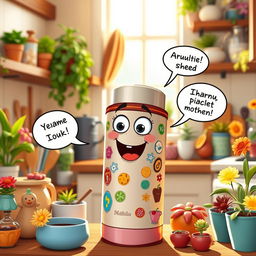 A whimsical scene featuring a talking and animated thermos, with a friendly face and expressive eyes