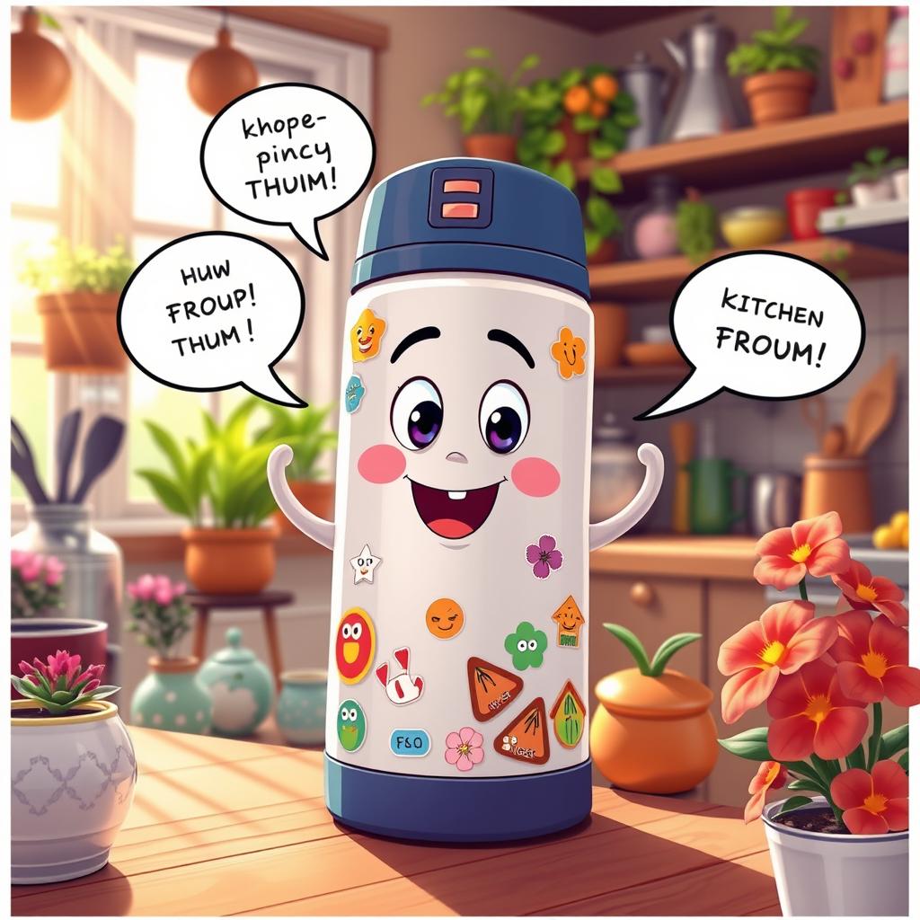 A whimsical scene featuring a talking and animated thermos, with a friendly face and expressive eyes