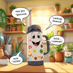 A whimsical scene featuring a talking and animated thermos, with a friendly face and expressive eyes