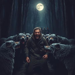 A dramatic scene depicting a wolf pack attacking a lone man in a dark, eerie forest