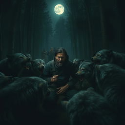 A dramatic scene depicting a wolf pack attacking a lone man in a dark, eerie forest