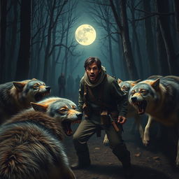 A dramatic scene depicting a wolf pack attacking a lone man in a dark, eerie forest