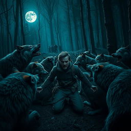 A dramatic scene depicting a wolf pack attacking a lone man in a dark, eerie forest
