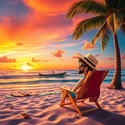 A digital art collage featuring a vibrant sunset over a serene beach, with gentle waves lapping at the shore