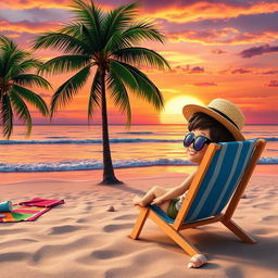 A digital art collage featuring a vibrant sunset over a serene beach, with gentle waves lapping at the shore