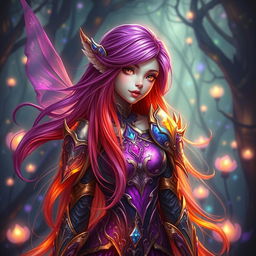 A vibrant, ethereal scene featuring a fantasy character with long, flowing hair that changes colors dynamically, blending hues of deep purple, fiery red, and shining gold