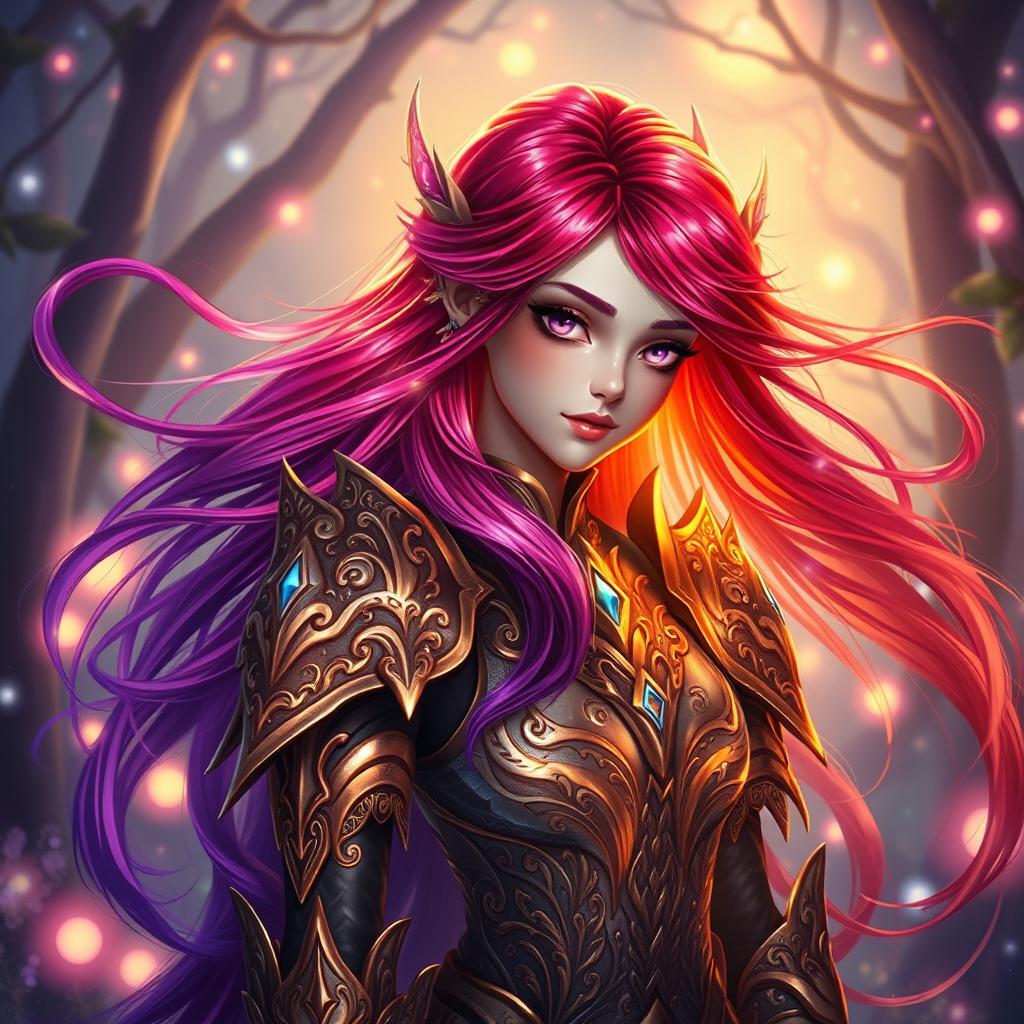 A vibrant, ethereal scene featuring a fantasy character with long, flowing hair that changes colors dynamically, blending hues of deep purple, fiery red, and shining gold