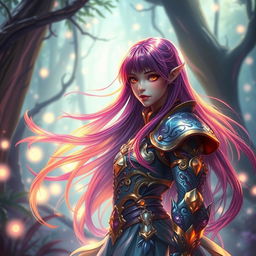 A vibrant, ethereal scene featuring a fantasy character with long, flowing hair that changes colors dynamically, blending hues of deep purple, fiery red, and shining gold