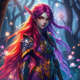 A vibrant, ethereal scene featuring a fantasy character with long, flowing hair that changes colors dynamically, blending hues of deep purple, fiery red, and shining gold