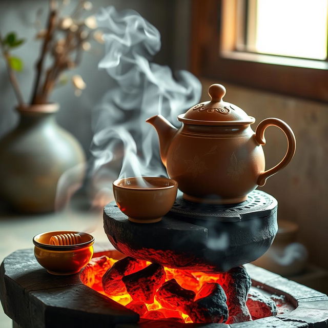 A vibrant still life scene featuring a traditional clay teapot and teacups atop a glowing charcoal stove