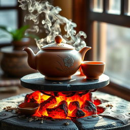 A vibrant still life scene featuring a traditional clay teapot and teacups atop a glowing charcoal stove
