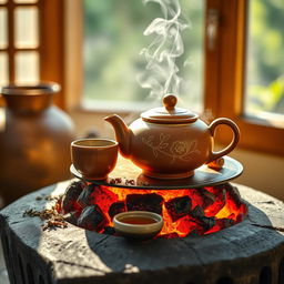 A vibrant still life scene featuring a traditional clay teapot and teacups atop a glowing charcoal stove