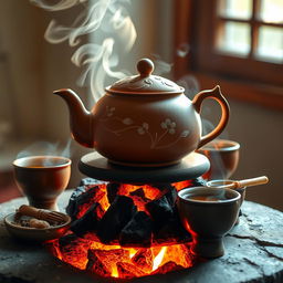 A vibrant still life scene featuring a traditional clay teapot and teacups atop a glowing charcoal stove