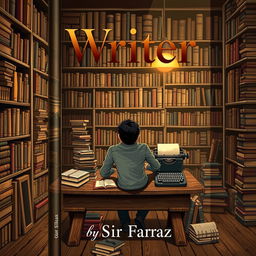 A full-size book cover for the title 'Writer' by Sir Faraz, featuring a stylized, artistic representation of a person sitting at a rustic wooden desk, surrounded by books, notebooks, and a vintage typewriter