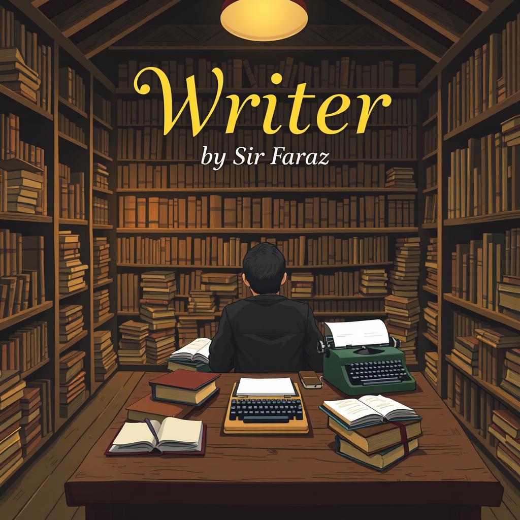 A full-size book cover for the title 'Writer' by Sir Faraz, featuring a stylized, artistic representation of a person sitting at a rustic wooden desk, surrounded by books, notebooks, and a vintage typewriter