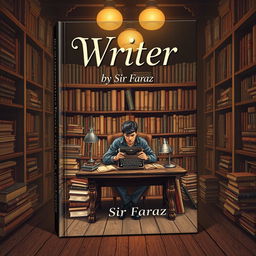 A full-size book cover for the title 'Writer' by Sir Faraz, featuring a stylized, artistic representation of a person sitting at a rustic wooden desk, surrounded by books, notebooks, and a vintage typewriter