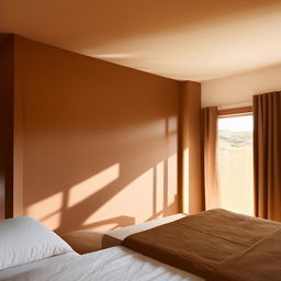 A minimalist bedroom painted in soothing earth tone colors with streamlined furniture and neutral bedding. Accents include natural textures and plenty of natural light.