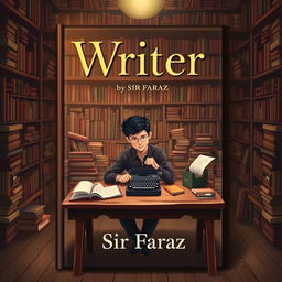 A full-size book cover for the title 'Writer' by Sir Faraz, featuring a stylized, artistic representation of a person sitting at a rustic wooden desk, surrounded by books, notebooks, and a vintage typewriter