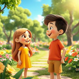 A 3D animated scene featuring a young girl engaging in a friendly conversation with a boy
