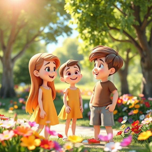 A 3D animated scene featuring a young girl engaging in a friendly conversation with a boy