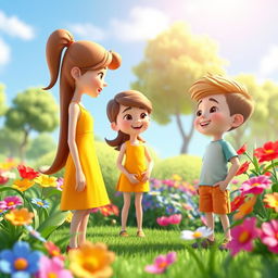 A 3D animated scene featuring a young girl engaging in a friendly conversation with a boy