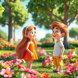 A 3D animated scene featuring a young girl engaging in a friendly conversation with a boy