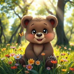 A cute bear sitting playfully in a lush green forest, surrounded by colorful wildflowers