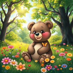 A cute bear sitting playfully in a lush green forest, surrounded by colorful wildflowers