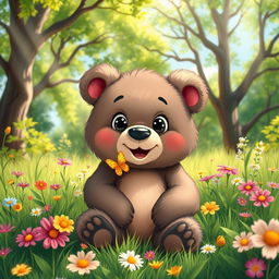 A cute bear sitting playfully in a lush green forest, surrounded by colorful wildflowers