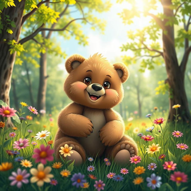 A cute bear sitting playfully in a lush green forest, surrounded by colorful wildflowers