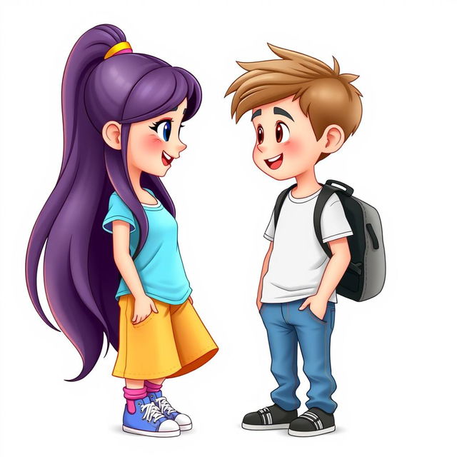 A 3D illustration featuring a girl and a boy engaged in a friendly conversation