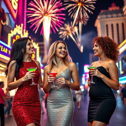 A vibrant scene on the Las Vegas Strip at night during New Year's Eve, featuring three cute ladies dressed elegantly for a nightclub