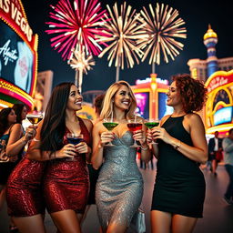 A vibrant scene on the Las Vegas Strip at night during New Year's Eve, featuring three cute ladies dressed elegantly for a nightclub