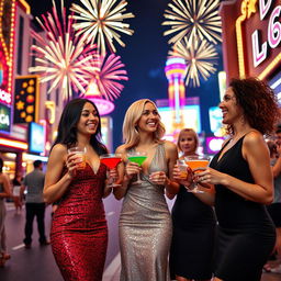 A vibrant scene on the Las Vegas Strip at night during New Year's Eve, featuring three cute ladies dressed elegantly for a nightclub