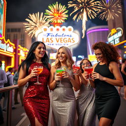 A vibrant scene on the Las Vegas Strip at night during New Year's Eve, featuring three cute ladies dressed elegantly for a nightclub