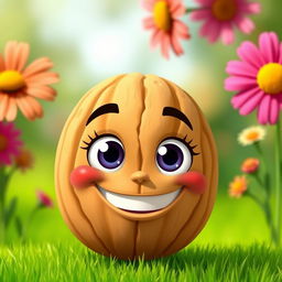 A whimsical, smiling walnut character with big, bright eyes and a wide grin, set against a vibrant green background that resembles a sunny, outdoor environment