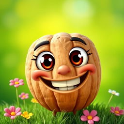 A whimsical, smiling walnut character with big, bright eyes and a wide grin, set against a vibrant green background that resembles a sunny, outdoor environment