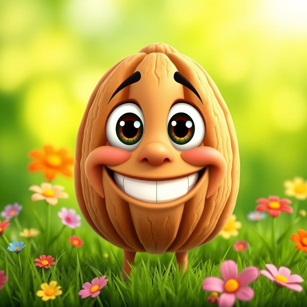 A whimsical, smiling walnut character with big, bright eyes and a wide grin, set against a vibrant green background that resembles a sunny, outdoor environment