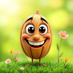 A whimsical, smiling walnut character with big, bright eyes and a wide grin, set against a vibrant green background that resembles a sunny, outdoor environment