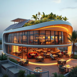 A futuristic vision of the Rawabi Jadara restaurant in the year 2025, showcasing a sleek and modern architecture with clean lines and large glass windows