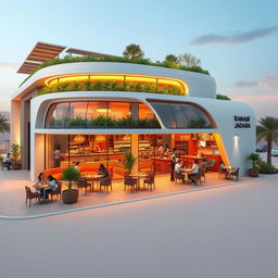 A futuristic vision of the Rawabi Jadara restaurant in the year 2025, showcasing a sleek and modern architecture with clean lines and large glass windows