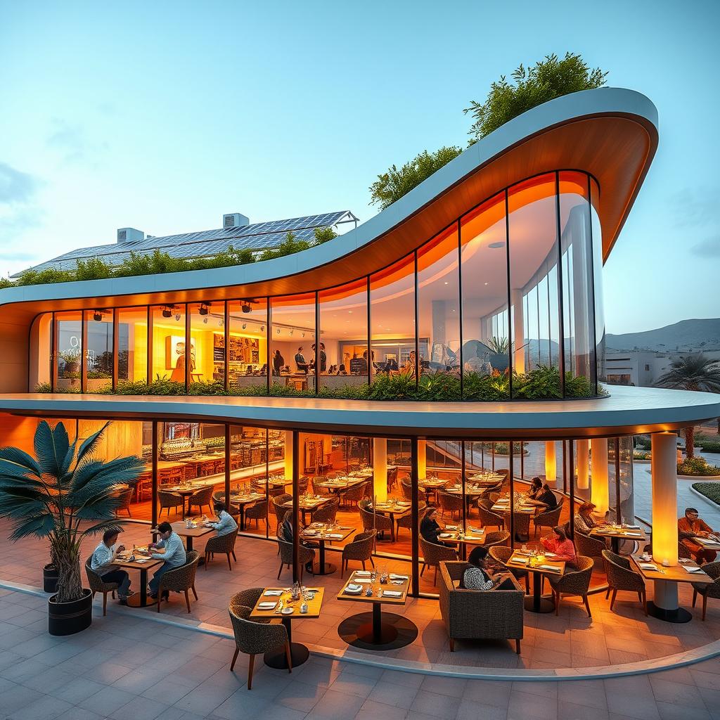 A futuristic vision of the Rawabi Jadara restaurant in the year 2025, showcasing a sleek and modern architecture with clean lines and large glass windows