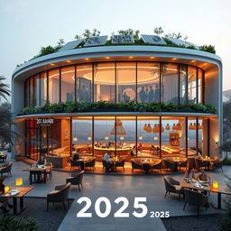 A futuristic vision of the Rawabi Jadara restaurant in the year 2025, showcasing a sleek and modern architecture with clean lines and large glass windows