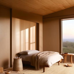 A minimalist bedroom painted in soothing earth tone colors with streamlined furniture and neutral bedding. Accents include natural textures and plenty of natural light.