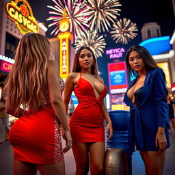 A captivating scene on the Las Vegas Strip at night during New Year's Eve, featuring three cute ladies dressed up for the nightclub in stylish short dresses with deep plunging cleavage